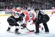 LOS ANGELES, CA - NOVEMBER 20: Jarret Stoll #28 of the Los Angeles Kings and Eric Staal #12 of the Carolina Hurricanes take a face-off at STAPLES Center on November 20, 2014 in Los Angeles, California. (Photo by Andrew D. Bernstein/NHLI via Getty Images)