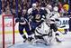 ST. LOUIS, MO - DECEMBER 16: Jonathan Quick #32 of the Los Angeles Kings defends the net against Jaden Schwartz #17 and Alexander Steen #20 of the St. Louis Blues at the Scottrade Center on December 16, 2014 in St. Louis, Missouri. (Photo by Scott Rovak/