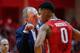 BLOOMINGTON, IN - JANUARY 10: Head coach Thad Matta of the Ohio State Buckeyes talks to D'Angelo Russell #0 of the Ohio State Buckeyes during the game against the Indiana Hoosiers at Assembly Hall on January 10, 2015 in Bloomington, Indiana. Indiana defea