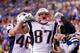 INDIANAPOLIS, IN - NOVEMBER 16: Rob Gronkowski #87 of the New England Patriots celebrates his touchdown against the Indianapolis Colts during the fourth quarter of the game at Lucas Oil Stadium on November 16, 2014 in Indianapolis, Indiana. (Photo by Jo
