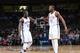 OKLAHOMA CITY, OK- JANUARY 16: Dion Waiters #23 and Kevin Durant #35 of the Oklahoma City Thunder celebrate during a game against the Golden State Warriors on January 16, 2015 at Chesapeake Energy Arena in Oklahoma City, OK. NOTE TO USER: User expressly a