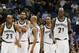 MINNEAPOLIS - FEBRUARY 4: (Right to Left) Kevin Garnett #21 of the Minnesota Timberwolves walks with his teammates Latrell Sprewell #8, Sam Cassell #19, Michael Olowokandi #34, and Trenton Hassell #23 during the game against the Houston Rockets on Febru