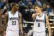 Nov 26, 2014; Minneapolis, MN, USA; Minnesota Timberwolves guard Andrew Wiggins (22) and guard Zach LaVine (8) against the Milwaukee Bucks at Target Center. The Bucks defeated the Timberwolves 103-86. Mandatory Credit: Brace Hemmelgarn-USA TODAY Sports