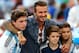 RIO DE JANEIRO, BRAZIL - JULY 13: Former England international David Beckham and sons Brooklyn Beckham (L), Cruz Beckham (2nd R) and Romeo Beckham (R) prior to the 2014 FIFA World Cup Brazil Final match between Germany and Argentina at Maracana on July 1