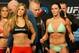 Feb 27, 2015; Los Angeles, CA, USA; Ronda Rousey and Cat Zingano face off at the weigh-in for their fight at UFC 184 at Staples Center. Mandatory Credit: Jayne Kamin-Oncea-USA TODAY Sports