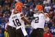 ORCHARD PARK, NY - NOVEMBER 30: Johnny Manziel #2 of the Cleveland Browns celebrates a touchdown against the Buffalo Bills with Taylor Gabriel #18 during the second half at Ralph Wilson Stadium on November 30, 2014 in Orchard Park, New York. (Photo by T