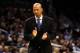 Feb 20, 2015; Orlando, FL, USA; New Orleans Pelicans head coach Monty Williams claps his hands against the Orlando Magic during the second half at Amway Center. Orlando Magic defeated the New Orleans Pelicans 95-84. Mandatory Credit: Kim Klement-USA TODAY