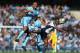 MANCHESTER, ENGLAND - MARCH 21: Vincent Kompany of Manchester City and Saido Berahino of West Brom batlte for the ball during the Barclays Premier League match between Manchester City and West Bromwich Albion at Etihad Stadium on March 21, 2015 in Manche