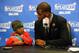 LOS ANGELES, CA - APRIL 21: Chris Paul #3 of the Los Angeles Clippers and his son Chris Paul II attend a post game press conference after Game Two of the Western Conference Quarterfinals at Staples Center on April 21, 2014 in Los Angeles, California. NOT