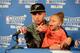 OAKLAND, CA - MAY 27: Stephen Curry #30 of the Golden State Warriors speaks to the media with daughter Riley Curry after a game against the Houston Rockets in Game Five of the Western Conference Finals during the 2015 NBA Playoffs on May 27, 2015 at ORACL