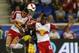 Sep 25, 2015; Harrison, NJ, USA; New York Red Bulls defender Matt Miazga (20) and New York Red Bulls midfielder Lloyd Sam (10) attempt to head the ball against Orlando City SC defender Sebastian Hines (3) during first half at Red Bull Arena. Mandatory Cre