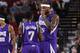PORTLAND, OR - OCTOBER 5: DeMarcus Cousins #15 and Darren Collison #7 of the Sacramento Kings speak on court during the preseason game against the Portland Trail Blazers on October 5, 2015 at the Moda Center Arena in Portland, Oregon. NOTE TO USER: User e