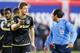 Nov 29, 2015; Harrison, NJ, USA; Columbus Crew defender Columbus Crew defender Gaston Sauro (22) argues with referee Baldomero Toledo during the second half of leg two of the Eastern Conference championship at Red Bull Arena. The Crew defeated the Red Bu