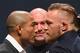 LAS VEGAS, NV - SEPTEMBER 04: (L-R) UFC featherweight champion Jose Aldo and featherweight interim champion Conor McGregor face off during the UFC's Go Big launch event inside MGM Grand Garden Arena on September 4, 2015 in Las Vegas, Nevada. (Photo by J