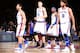 NEW YORK, NY - DECEMBER 29: Jose Calderon #3 of the New York Knicks, Kristaps Porzingis #6 of the New York Knicks, Carmelo Anthony #7 of the New York Knicks and Robin Lopez #8 of the New York Knicks stand on the court during the game against the Detroit