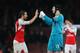LONDON, ENGLAND - JANUARY 02: Petr Cech of Arsenal celebrates with Mathieu Flamini of Arsenal after the Barclays Premier League match between Arsenal and Newcastle United at Emirates Stadium on January 2, 2016 in London, England. (Photo by Catherine Ivi