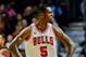Oct 12, 2015; Chicago, IL, USA; Chicago Bulls forward Bobby Portis (5) pumps his fists after scoring during the first quarter of their game against the New Orleans Pelicans at the United Center. Mandatory Credit: Matt Marton-USA TODAY Sports