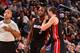 PHOENIX, AZ - JANUARY 8: Dwyane Wade #3 of the Miami Heat talks with Goran Dragic #7 of the Miami Heat during the game against the Phoenix Suns on January 8, 2016 at Talking Stick Resort Arena in Phoenix, Arizona. NOTE TO USER: User expressly acknowledge