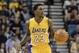 Oct 13, 2015; Las Vegas, NV, USA; Los Angeles Lakers guard Lou Williams (23) dribbles the ball against the Sacramento Kings at the MGM Grand Garden Arena. Mandatory Credit: Kirby Lee-USA TODAY Sports