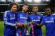LONDON, ENGLAND - APRIL 27: (L-R) Isaiah Brown, Dominic Solanke, Kasey Palmer and Jeremie Boga of Chelsea with the winners trophy during the FA Youth Cup Final second leg match between Chelsea and Manchester City at Stamford Bridge on April 27, 2015 in L