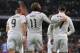 MADRID, SPAIN - MARCH 15: Gareth Bale of Real Madrid celebrates with Cristiano Ronaldo and Karim Benzema after scoring Real's opening goal during the La Liga match between Real Madrid CF and Levante UD at Estadio Santiago Bernabeu on March 15, 2015 in M