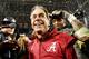 GLENDALE, AZ - JANUARY 11: Head coach Nick Saban of the Alabama Crimson Tide celebrates after defeating the Clemson Tigers in the 2016 College Football Playoff National Championship Game at University of Phoenix Stadium on January 11, 2016 in Glendale, A