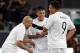 Brazilian football former players Ronaldo (R) and Roberto Carlos (L) joke with Brazilian player Neymar (C) before the football 'Match Against Poverty' organized by the United Nations Development Program (UNDP),between the friends of Brazilian former footb