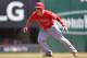 ARLINGTON, TX - OCTOBER 3: Mike Trout #27 of the Los Angeles Angels of Anaheim leads off during the fourth inning of the game against the Texas Rangers at Globe Life Park in Arlington on October 3, 2015 in Arlington, California. (Photo by Matt Brown/Angel