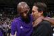 HONOLULU, HI - OCTOBER 6: Kobe Bryant #24 of the Los Angeles Lakers is greeted by Head Coach Quin Snyder of the Utah Jazz during a preseason game on October 6, 2015 at the Stan Sheriff Center in Honolulu, Hawaii. NOTE TO USER: User expressly acknowledges