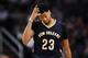 Dec 18, 2015; Phoenix, AZ, USA; New Orleans Pelicans forward Anthony Davis (23) reacts against the Phoenix Suns during the second half at Talking Stick Resort Arena. The Suns won 104-88. Mandatory Credit: Joe Camporeale-USA TODAY Sports