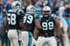 Nov 8, 2015; Charlotte, NC, USA; Carolina Panthers defensive tackle Star Lotulelei (98) celebrates with defensive tackle Kawann Short (99) after a turnover in the first half against the Green Bay Packers at Bank of America Stadium. The Panthers defeated t