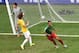Cameroon's midfielder Joel Matip (R) celebrates after scoring a goal as Brazil's defender David Luiz (C) and Brazil's goalkeeper Julio Cesar react during the Group A football match between Cameroon and Brazil at the Mane Garrincha National Stadium in Bras