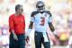 MINNEAPOLIS, MN - AUGUST 15: Jameis Winston #3 of the Tampa Bay Buccaneers speaks with Offensive Coordinator Dirk Koetter before the preseason game against the Minnesota Vikings on August 15, 2015 at TCF Bank Stadium in Minneapolis, Minnesota. The Vikings