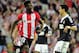 Athletic Bilbao's forward Inaki Williams Arthuer (L) celebrates after scoring during the UEFA Europa League group L football match Athletic Club Bilbao vs FK Partizan at the San Mames stadium in Bilbao on November 5, 2015. AFP PHOTO/ ANDER GILLENEA