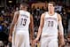 CLEVELAND, OH - NOVEMBER 28: Tristan Thompson #13 and Timofey Mozgov #20 of the Cleveland Cavaliers high five each other during the game against the Brooklyn Nets on November 28, 2015 at Quicken Loans Arena in Cleveland, Ohio. NOTE TO USER: User expressl