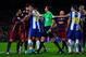 BARCELONA, SPAIN - JANUARY 06: Luis Suarez of FC Barcelona (L) argues with RCD Espanyol players during the Copa del Rey Round of 16 first leg match between FC Barcelona and RCD Espanyol at Camp Nou on January 6, 2016 in Barcelona, Spain. (Photo by David