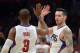 Jan 18, 2016; Los Angeles, CA, USA; Los Angeles Clippers guard Chris Paul (3) and guard J.J. Redick (4) celebrate during an NBA basketball game against the Houston Rockets at Staples Center. Mandatory Credit: Kirby Lee-USA TODAY Sports
