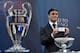 UEFA Champions League final ambassador Javier Zanetti shows the name of Athletico Madrid football club during the draw for the UEFA Champions league round of sixteen, on December 14, 2015 at the UEFA headquarters in Nyon. AFP PHOTO / FABRICE COFFRINI /