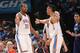 OKLAHOMA CITY, OK- JANUARY 20: Kevin Durant #35 of the Oklahoma City Thunder shakes hands with Russell Westbrook #0 of the Oklahoma City Thunder during the game against the Charlotte Hornets on January 20, 2016 at Chesapeake Energy Arena in Oklahoma City