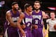 LOS ANGELES, CA - JANUARY 20: DeMarcus Cousins #15, Rajon Rondo #9 and Marco Belinelli #3 of the Sacramento Kings celebrate after Rondo scored ona slam dunk in the first half during the NBA game against the Los Angeles Lakers at Staples Center on January