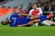 LONDON, ENGLAND - JANUARY 24: Diego Costa of Chelsea reacts after he is brought down by Per Mertesacker of Arsenal during the Barclays Premier League match between Arsenal and Chelsea at the Emirates Stadium on January 24, 2016 in London, England. (Phot