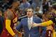 SAN ANTONIO,TX - JANUARY 14: Head coach David Blatt of the Cleveland Cavaliers greets LeBron James #23 of the Cleveland Cavaliers at AT&T Center on January 14, 2016 in San Antonio, Texas. NOTE TO USER: User expressly acknowledges and agrees that , by dow