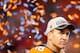 DENVER, CO - JANUARY 24: Peyton Manning #18 of the Denver Broncos looks on after defeating the New England Patriots in the AFC Championship game at Sports Authority Field at Mile High on January 24, 2016 in Denver, Colorado. The Broncos defeated the Patr