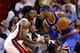 Nov 23, 2015; Miami, FL, USA; New York Knicks forward Carmelo Anthony (7) is pressured by Miami Heat forward Justise Winslow (20) during the first half at American Airlines Arena. Mandatory Credit: Steve Mitchell-USA TODAY Sports