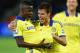 LEICESTER, ENGLAND - APRIL 29: Ramires of Chelsea (L) celebrates scoring their third goal with Cesar Azpilicueta of Chelsea during the Barclays Premier League match between Leicester City and Chelsea at The King Power Stadium on April 29, 2015 in Leices