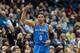 Jan 27, 2016; Minneapolis, MN, USA; Oklahoma City Thunder guard Russell Westbrook (0) celebrates a basket in the fourth quarter against the Minnesota Timberwolves at Target Center. The Oklahoma City Thunder beat the Minnesota Timberwolves 126-123. Mandato