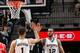 SAN ANTONIO, TX - JANUARY 27: LaMarcus Aldridge #12 of the San Antonio Spurs and Kyle Anderson #1 of the San Antonio Spurs shake hands during the game against the Houston Rockets on January 27, 2016 at the AT&T Center in San Antonio, Texas. NOTE TO USER: