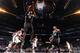 BROOKLYN, NY - JANUARY 11: LaMarcus Aldridge #12 of the San Antonio Spurs grabs the rebound against the Brooklyn Nets on January 11, 2015 at Barclays Center in Brooklyn, New York. NOTE TO USER: User expressly acknowledges and agrees that, by downloading
