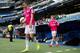 MADRID, SPAIN - APRIL 29: Martin Odegaard (R) of Real Madrid CF acces the pithc with his teammate Borja Mayoral (L) prior to start his warming up before the La Liga match between Real Madrid CF and UD Almeria at Estadio Santiago Bernabeu on April 29, 20