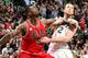SALT LAKE CITY, UT - FEBRUARY 1: Bobby Portis #5 of the Chicago Bulls fights for the position against Joe Ingles #2 of the Utah Jazz during the game on February 1, 2016 at EnergySolutions Arena in Salt Lake City, Utah. NOTE TO USER: User expressly acknowl